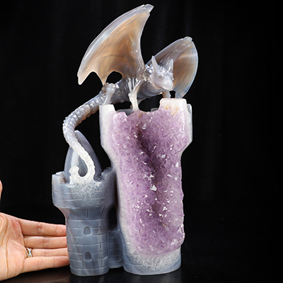 11.3" Agate Amethyst Geode Hand Carved Crystal Dragon Sculpture, Crystal Healing