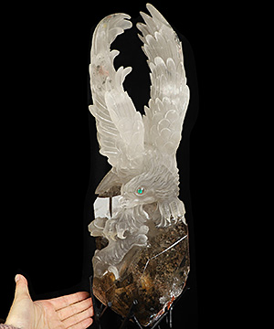 21.3" Smoky Phantom Quartz Rock Crystal Hand Carved Crystal Eagle with Emerald Eyes Sculpture, Crystal Healing