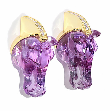 Gemstone Amethyst Hand Carved Crystal Horse Earrings