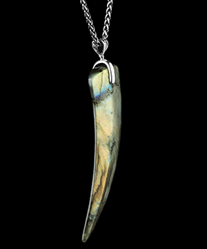 3.9" Labradorite Hand Carved Crystal Smilodon SABER-TOOTHED Tiger/Cat Tooth Pendant/Necklace, Crystal Healing
