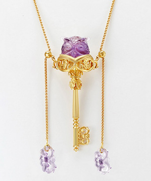 Gem Owl Pendant Necklace of Amethyst Carved Owl in 18K Gold-Plated 925 Silver