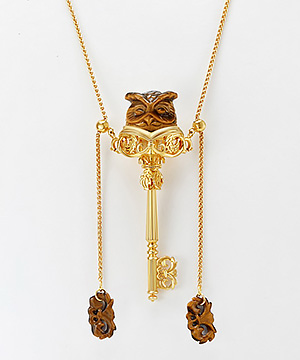 Gem Owl Pendant Necklace of Gold Tiger's Eye Carved Owl in 18K Gold-Plated 925 Silver