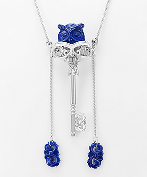 Gem Owl Pendant Necklace of Lapis Lazuli Carved Owl in 925 Silver