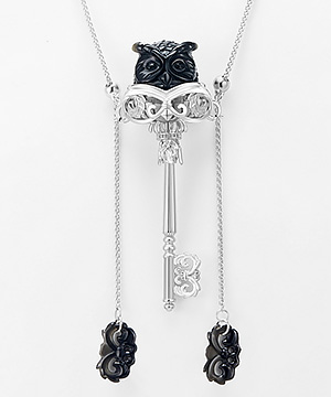 Gem Owl Pendant Necklace of Black Obsidian Carved Owl in 925 Silver