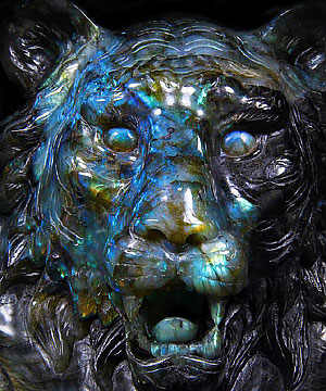 Labradorite Carved Crystal Lion Head Sculpture Amazing flash